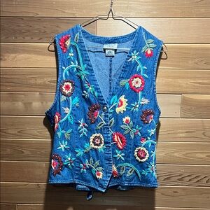 VINTAGE CARROLL REED FLORAL EMBROIDERED JEAN VEST SIZE 10